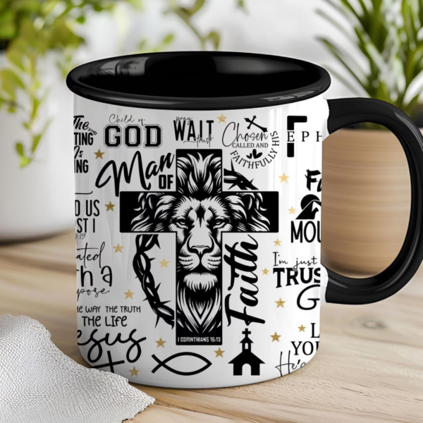 Man of Faith Christian mug wrap with black and white lion, cross, faith words and Christian symbols for sublimation